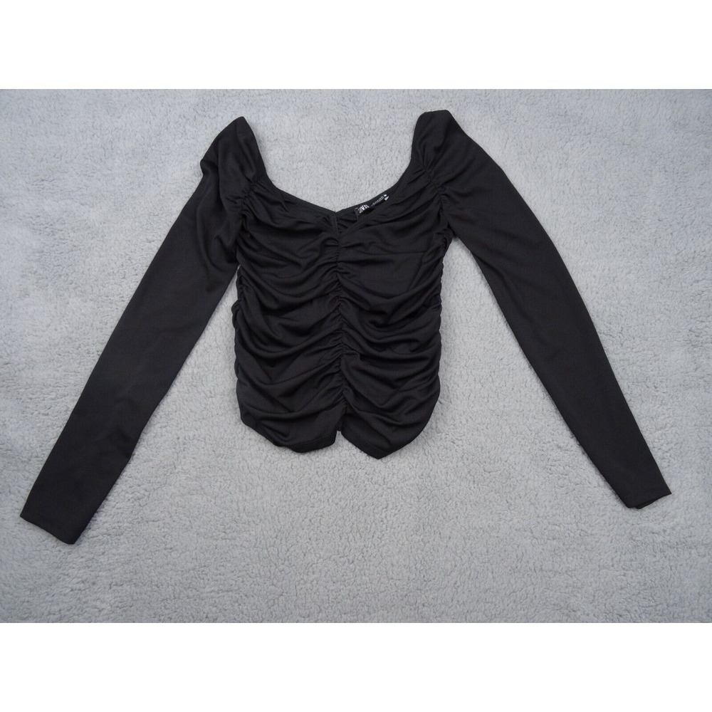 Zara Womens Top Size Small Black Ruched Front Back Long Sleeve Double V-Neck NWT